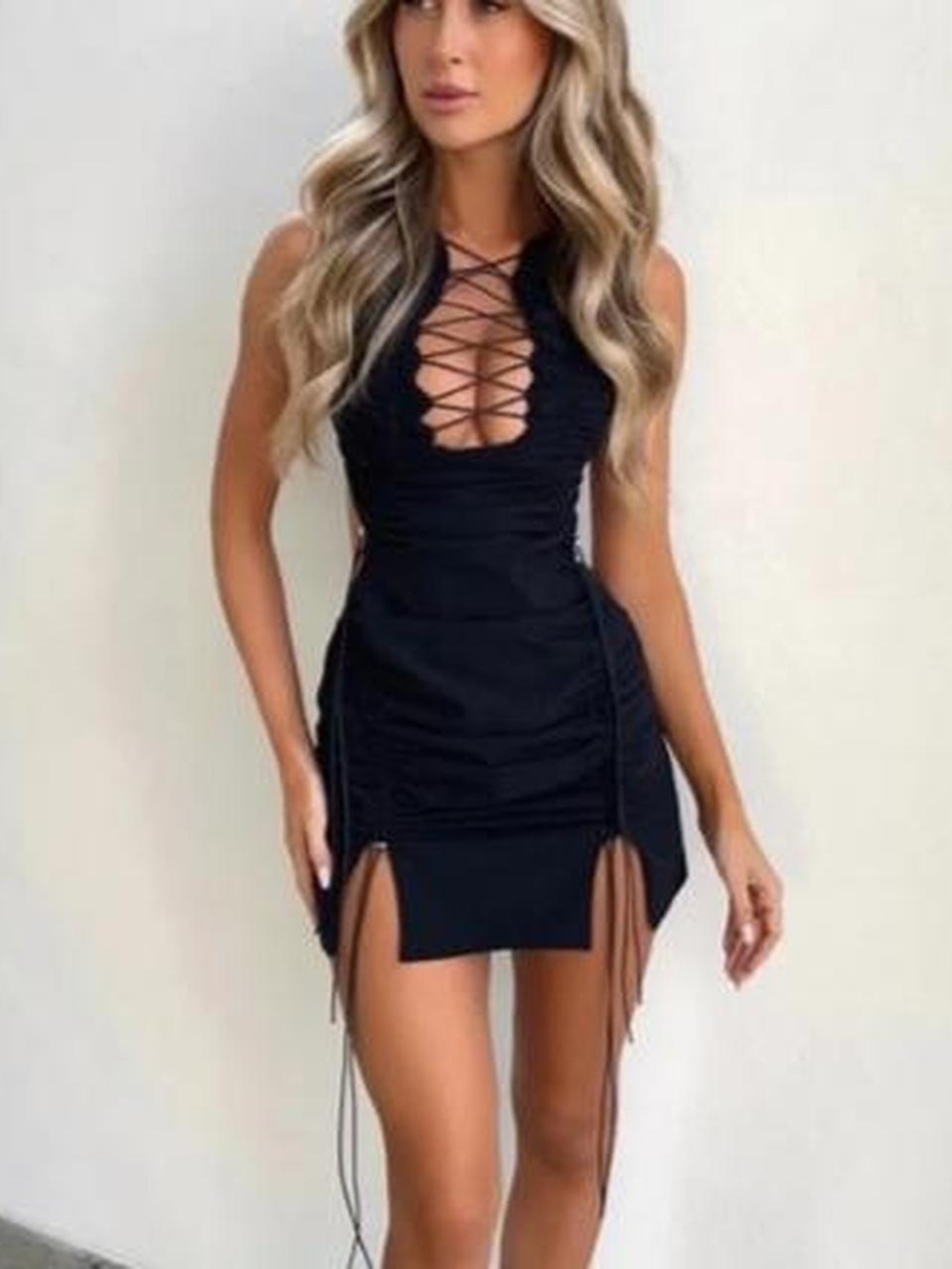 Black Lace-Up Mini Dress with Front Cutouts
